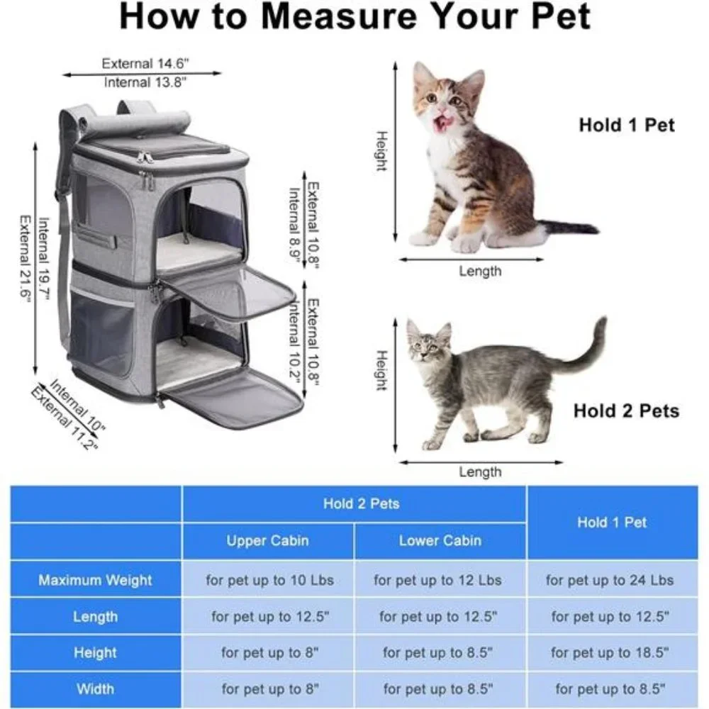2-in-1 Double Pet Carrier Backpack for Small Cats and Dogs, Portable Pet Travel